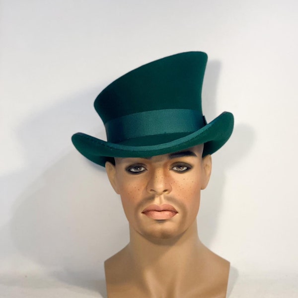 Asymmetric top hat, green hat, felt hat men, felt hat women, pipe top hat, edwardian hat, bridgerton hat, steam punk hat, race hat, topper