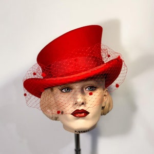 Asymmetric top hat, scarlet, vintage style veil, great gatsby hat, flapper hat, 20s hat, vintage style hat, custom hat, wedding hat, topper