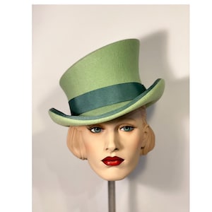 Asymmetric top hat, sage green, light green, wool felt hat, women men hat, unisex hat, victorian hat, edwardian hat, steam punk hat, top hat