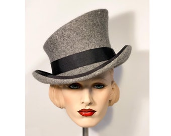 Asymmetric top hat, melange gray shade, wool felt hat, women men hat, unisex hat, victorian hat, edwardian hat, steam punk hat, top hat