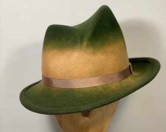 Asymmetric fedora hat, wool felt hat, unisex hat, trilby, sfumato green-beige, green hat, custom hat, derby hat