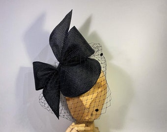 Couture black parasisal fascinator with bow, headpiece, Kate Middleton style, millinery veil, Royal Ascot,Kentucky Derby,hat,races,straw hat