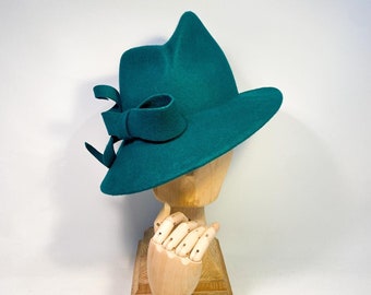 Asymmetric fedora hat with stylish bow, wool felt hat, women hat, trilby, fedora hat, race hat, wedding hat, church hat, ascot hat. teal