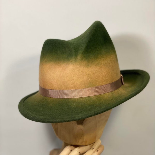Asymmetric fedora hat, wool felt hat, unisex hat, trilby, sfumato green-beige, green hat, custom hat, derby hat