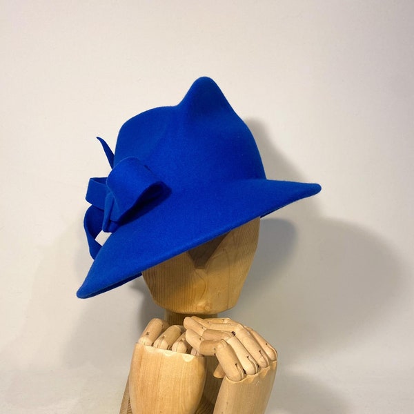 Asymmetric fedora hat with stylish bow, wool felt hat, women hat, trilby, fedora, custom hat, handmade hat, royal blue hat, derby hat