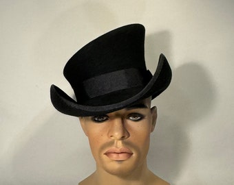 Asymmetric top hat, top hat, exaggerated brim, custom hat, felt hat, top hat, gatsby hat, cylinder hat, black hat, old western hat