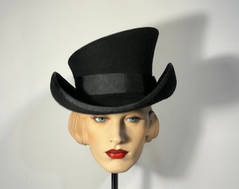 Asymmetric top hat, top hat, exaggerated brim, custom hat, felt hat, top hat, gatsby hat, cylinder hat, black hat, old western hat