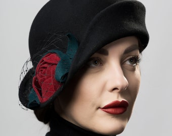 Vintage style, flapper, black cloche hat, 1920s, Art Deco, Art Nouveau, Great Gatsby,felt hat