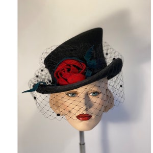 Asymmetric top hat, bridgerton hat, top hat, flower hat, veil hat, great gatsby hat, flapper hat