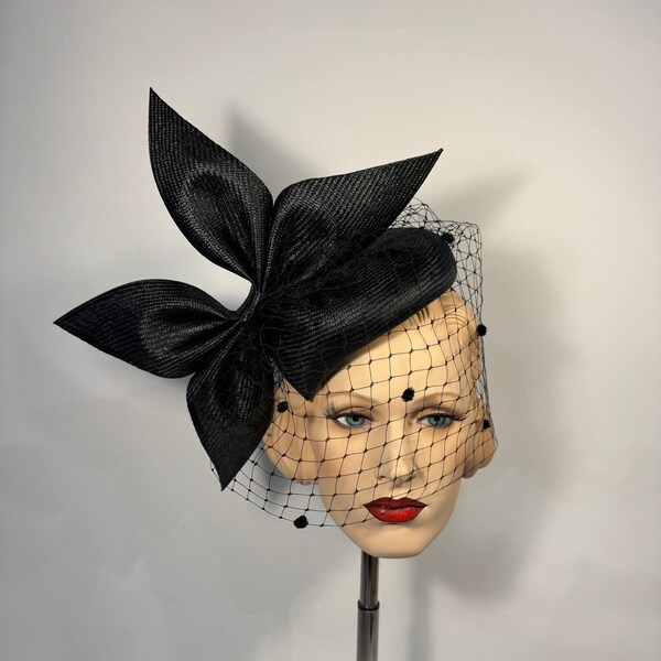 Couture black parasisal fascinator with bow and doted veil, headpiece, Kate Middleton style, millinery veil, Royal Ascot,Kentucky Derby