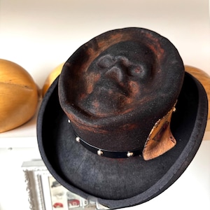 Aged distressed low top hat, darker version, skull hat, wool felt hat, women men hat, unisex hat, steam punk hat, top hat, topper