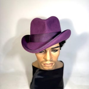 Homburg style hat with TWISTED brim, completely handmade shaped crown, wool felt hat, women men hat, unisex hat, top hat, purple hat