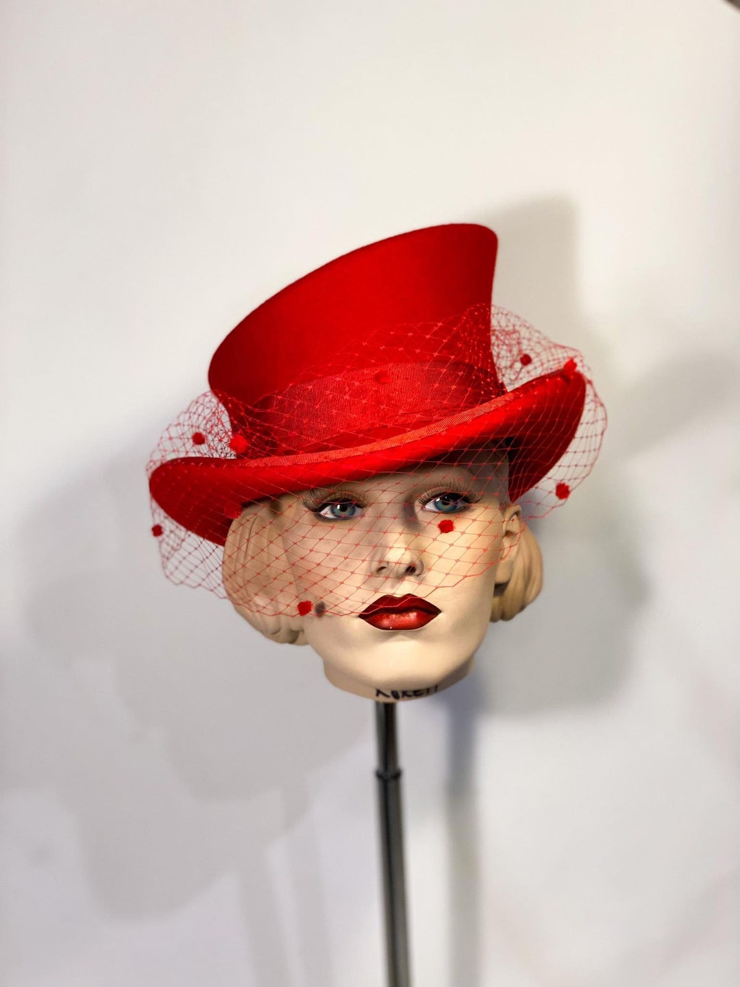 Asymmetric Top Hat, Scarlet, Vintage Style Veil, Great Gatsby Hat