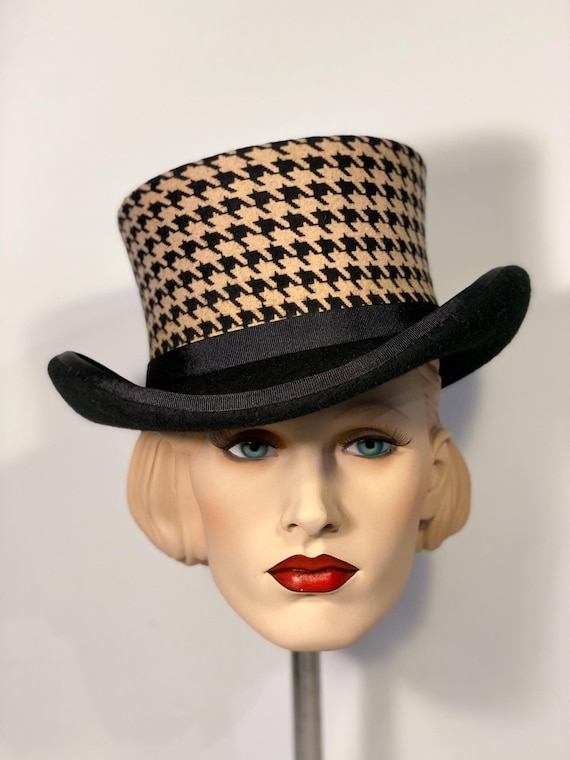 Top Hat, Low Top Hat, Houndstooth, Wool Felt Hat, Women Men Hat, unisex Hat, Victorian Hat, Edwardian Hat, Steam Punk Hat