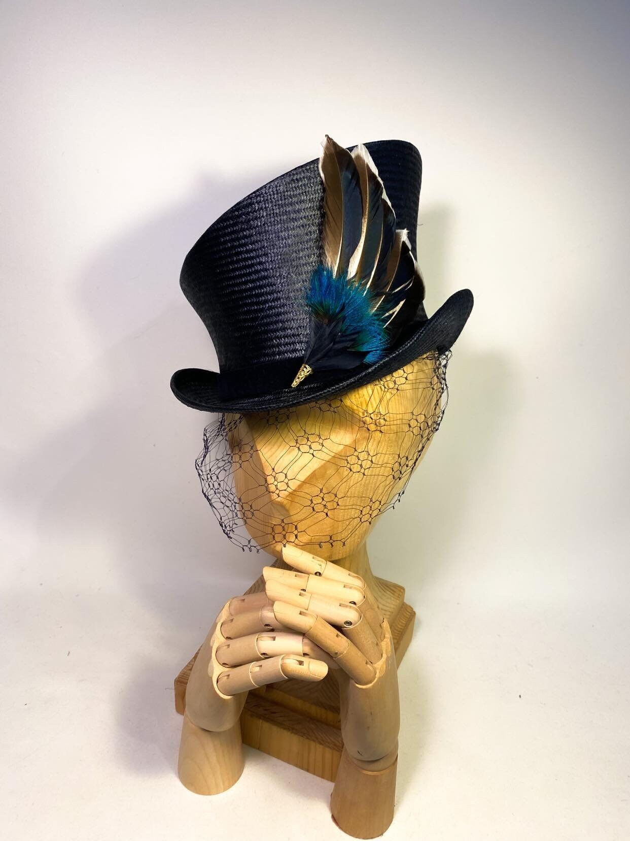 Navy Top Hat With Handmade Feather Adornment and Vintage Veil Edwardian Top Hat Victorian Top Hat Steam Punk Etsy