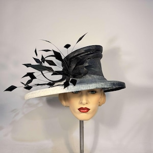 Black & White Royal Ascot hat with feathered trim, race hat, kentucky derby, formal hat, wedding hat, church hat