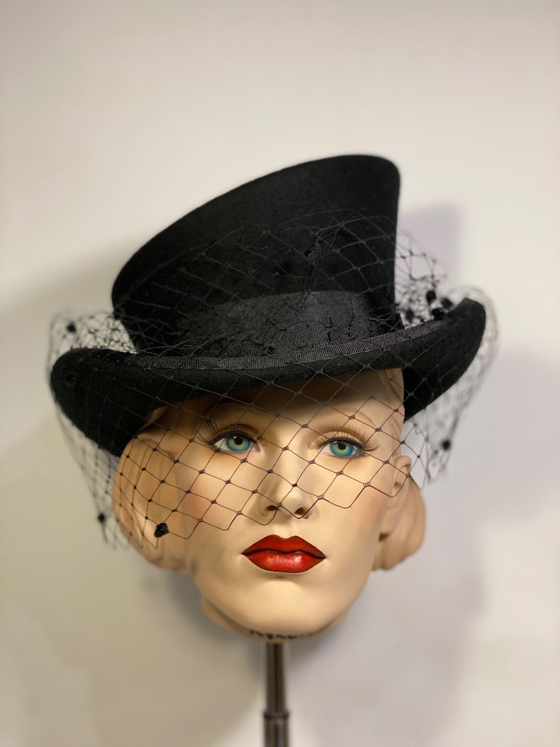 Asymmetric top hat, black hat, vintage style veil, great gatsby hat, flapper hat, 20s hat, vintage style hat, custom hat, wedding hat,topper image 5