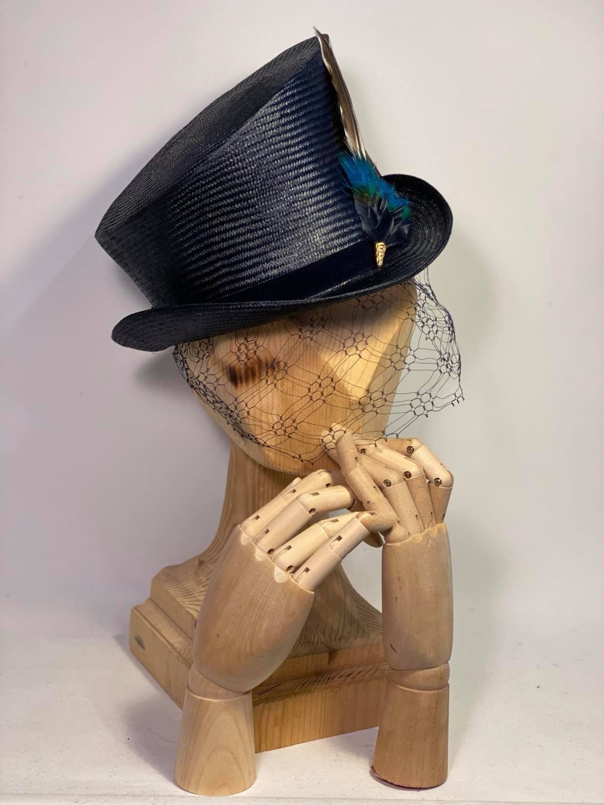 Navy Top Hat With Handmade Feather Adornment and Vintage  display picture 1