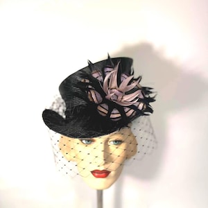 Parasisal straw, black top hat with handmade feather adornment and vintage veil, edwardian top hat, victorian top hat, steam punk