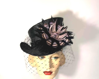 Parasisal straw, black top hat with handmade feather adornment and vintage veil, edwardian top hat, victorian top hat, steam punk