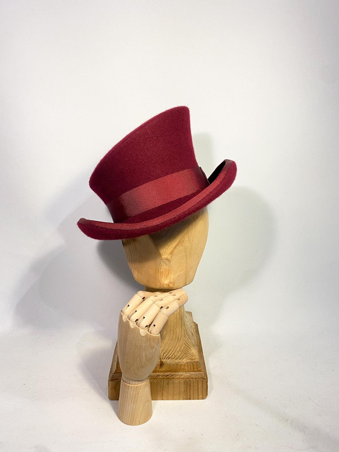 Elegant Edwardian Burgundy Unisex Top Hat w Band Elegant Burgundy Felt Top Hat - Handcrafted for a Timeless  main image 4