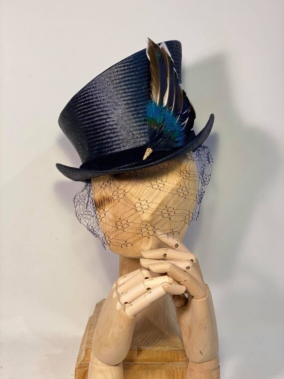 Navy Top Hat With Handmade Feather Adornment and Vintage  display picture 1