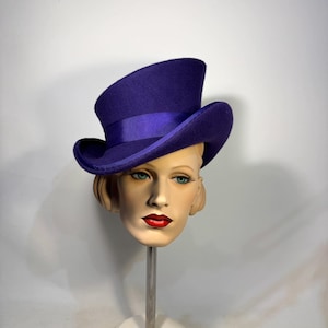 Asymmetric top hat, TWISTED brim, wool felt hat, women men hat, unisex hat, victorian hat, steam punk hat, color violet