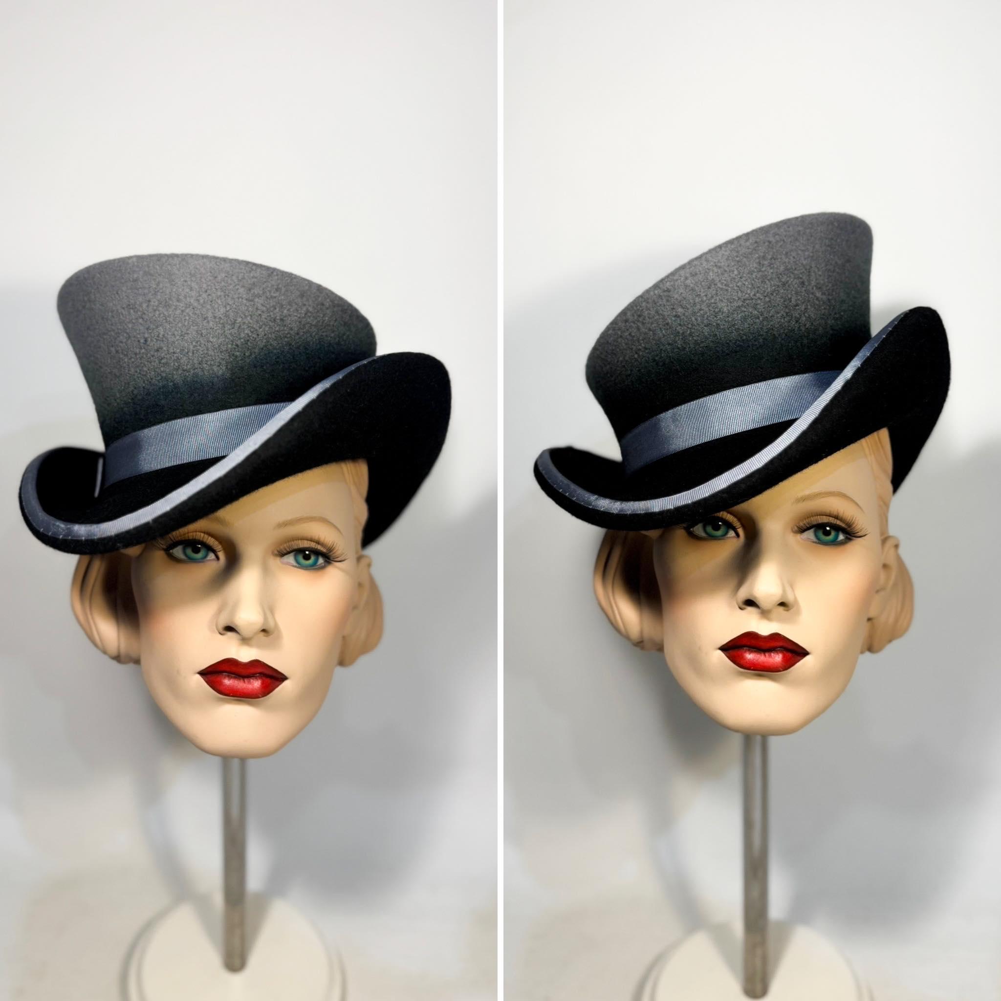 Asymmetric Top Hat, TWISTED Brim, Two Shaded: Grey and Black, Wool Felt ...