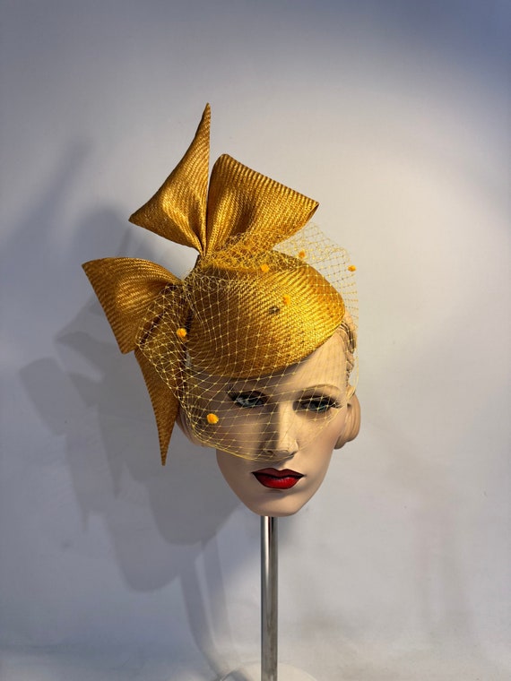Couture Parasisal Fascinator With Bow, Headpiece, Old Gold 