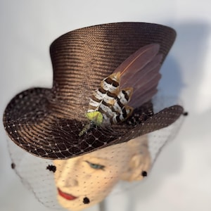 Parasisal straw top hat with handmade feather adornment and vintage style veil, edwardian top hat, victorian top hat, steam punk