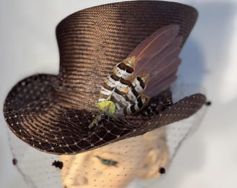 Parasisal straw top hat with handmade feather adornment and vintage style veil, edwardian top hat, victorian top hat, steam punk
