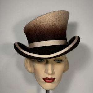 Asymmetric top hat, two shaded: brown and beige, wool felt hat, women men hat, unisex hat, victorian hat, edwardian hat, steam punk hat