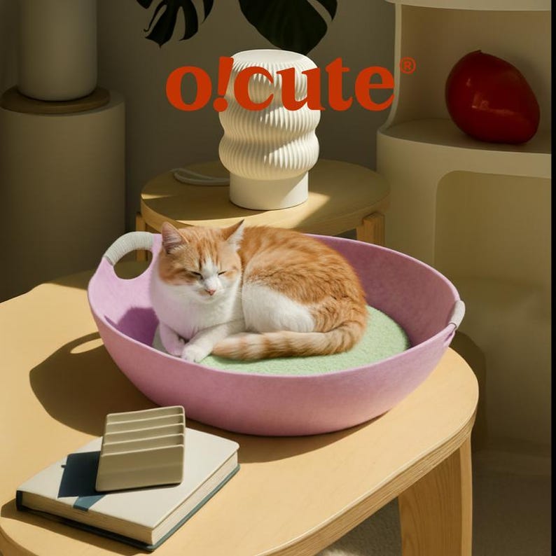 May include: A sleeping orange and white cat rests in a pink cat bed with a light green cushion. The bed has two handles. The word "o!cute" is printed in orange. A small, beige organizer sits on a closed book.
