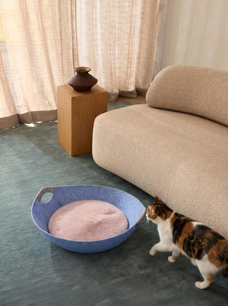 Large Felt Cat Bed Bowl – Cozy Cat Nest, Optional Fur Cushion image 13