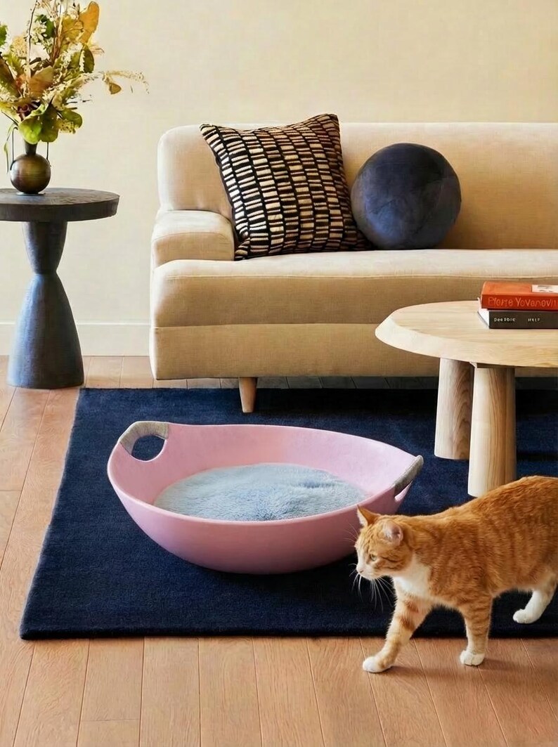 Large Felt Cat Bed Bowl – Cozy Cat Nest, Optional Fur Cushion image 3