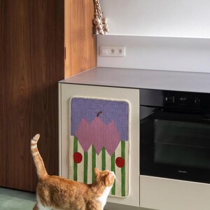 May include: A kitchen scene features a colorful, woven wall hanging with a pink apple design, green and white striped stems, and red dots. An orange tabby cat stands in front of the cabinet, looking up. A black oven and wooden door are also visible.