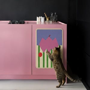 May include: A pink cabinet with a colorful, geometric cat scratcher attached. A tabby cat stands on its hind legs, reaching towards the scratcher. A striped rug is in the foreground.