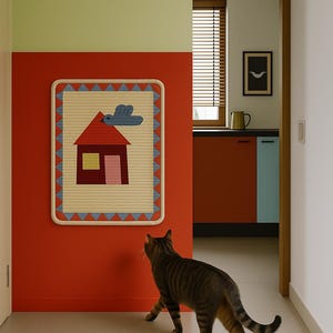 May include: A colorful wall hanging featuring a house and bird design. The artwork is framed with a geometric border and hangs on a red wall. A tabby cat walks across the tiled floor in the foreground.