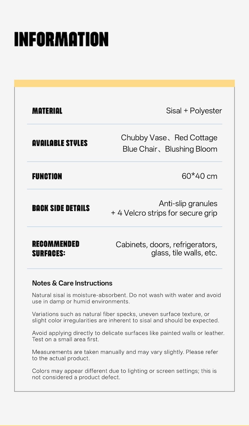 May include: Information sheet detailing product specifications. The material is sisal and polyester. Available styles include Chubby Vase, Red Cottage, Blue Chair, and Blushing Bloom. The product is 60cm x 40cm. It has anti-slip granules and Velcro strips.