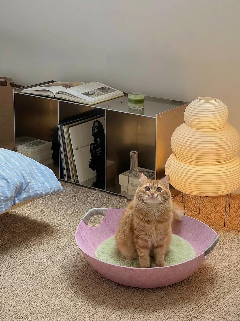 Large Felt Cat Bed Bowl – Cozy Cat Nest, Optional Fur Cushion image 12
