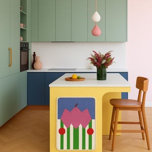 May include: A modern kitchen with mint green cabinets, a navy blue countertop, and a yellow island. A colorful rug with a floral design is on the island. A wooden chair and a pendant light with two teardrop-shaped lights complete the scene.