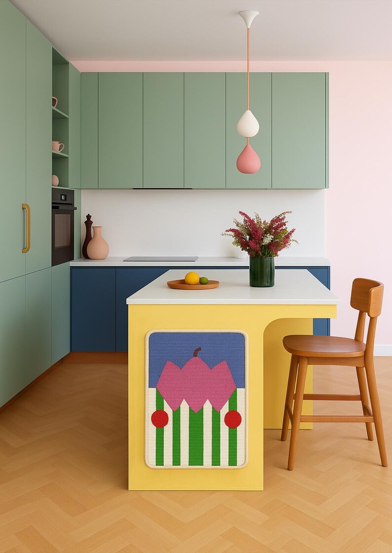 May include: A modern kitchen with mint green cabinets, a navy blue countertop, and a yellow island. A colorful rug with a floral design is on the island. A wooden chair and a pendant light with two teardrop-shaped lights complete the scene.
