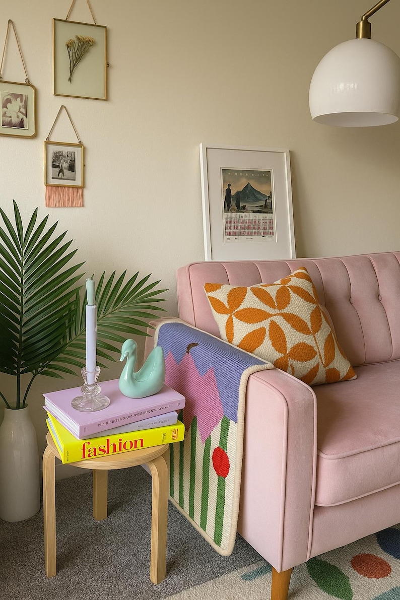 May include: A cozy living room scene with a pink sofa, patterned throw blanket, and decorative pillows. A small wooden side table holds books, a swan figurine, and a candle. Framed art and a palm plant add to the decor.