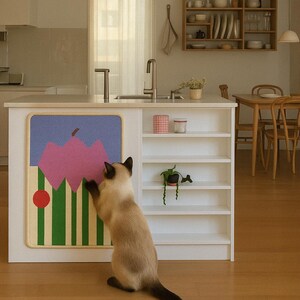 May include: A beige and black cat interacting with a colorful cat scratcher. The scratcher features a pink, blue, and green abstract design. The cat is standing on a wooden floor in a kitchen setting.