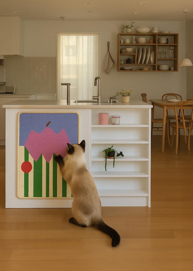 May include: A beige and black cat interacting with a colorful cat scratcher. The scratcher features a pink, blue, and green abstract design. The cat is standing on a wooden floor in a kitchen setting.
