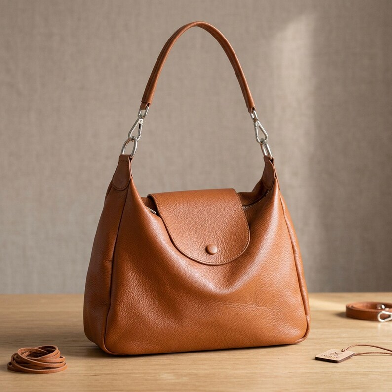 May include: A tan leather shoulder bag with a curved handle and silver-tone hardware. The bag features a flap closure with a single button. A small leather strap and a tag are visible.