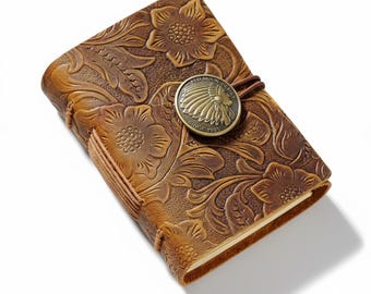 Handmade Pocket Leather Journal Small Rustic Notebook with Antique Medallion - Vintage Travel Diary