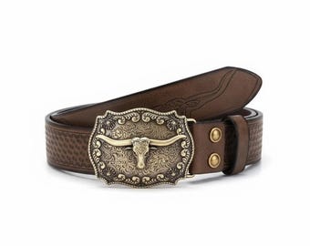 Cinturón de cuero estilo western para hombre con hebilla de toro Longhorn - Cinturón de vaquero artesanal - Accesorio de cuero labrado - Regalo rústico para él