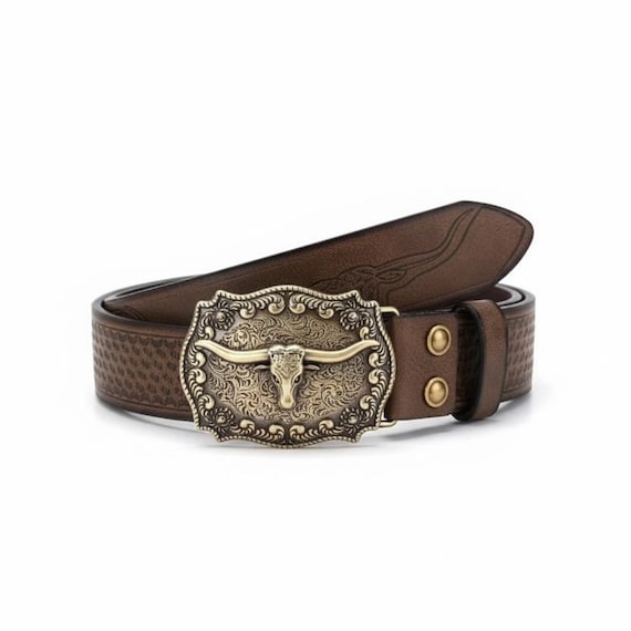 Men's Western Leather Belt with Longhorn Bull Buckle - Handcrafted Cowboy Belt - Tooled Leather Accessory - Rustic Gift for Him