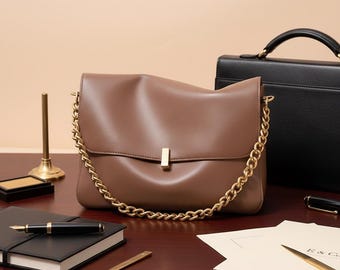 Handmade Leather Shoulder Bag with Chunky Gold Chain Strap - Minimalist Crossbody Purse for Women - Elegant Evening Handbag